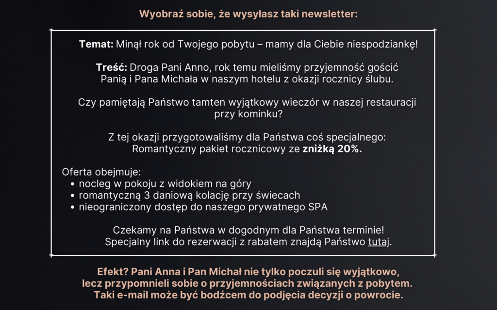 Czarne tło, biało różowy tekst opisujący przykład - newsletter hotelowy